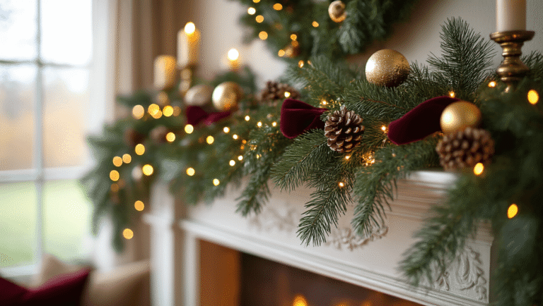 Elegant Christmas mantel adorned with lush pine garland, eucalyptus, warm LED lights, burgundy velvet ribbon, gold and silver ornaments, vintage brass candlesticks, pinecones, and dried orange slices, illuminated during golden hour for a cozy holiday ambiance.