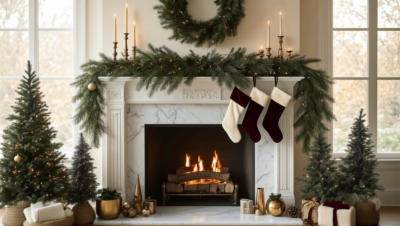 Elegant Christmas mantel with layered garland, candles, and ornaments on marble fireplace, showcasing warm sunlight, rich textures, and a sophisticated color palette of burgundy, navy, and metallics.