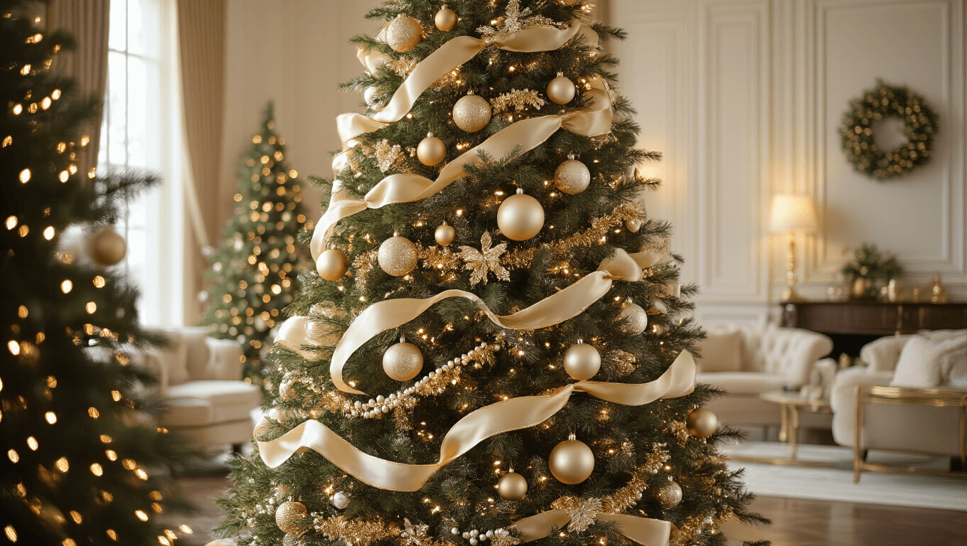 Cinematic shot of an elegant 8-foot Christmas tree in a luxurious living room, featuring ivory, champagne, and gold ornaments with warm lighting and stylish decor.