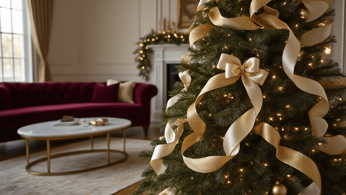 Elegant 8-foot Fraser fir Christmas tree adorned with cascading gold velvet and cream satin wired ribbon, set in a warmly lit living room featuring a burgundy velvet sofa, marble coffee table, and hardwood floors, with a macro focus on the textured ribbon against pine needles, creating a cozy winter atmosphere.