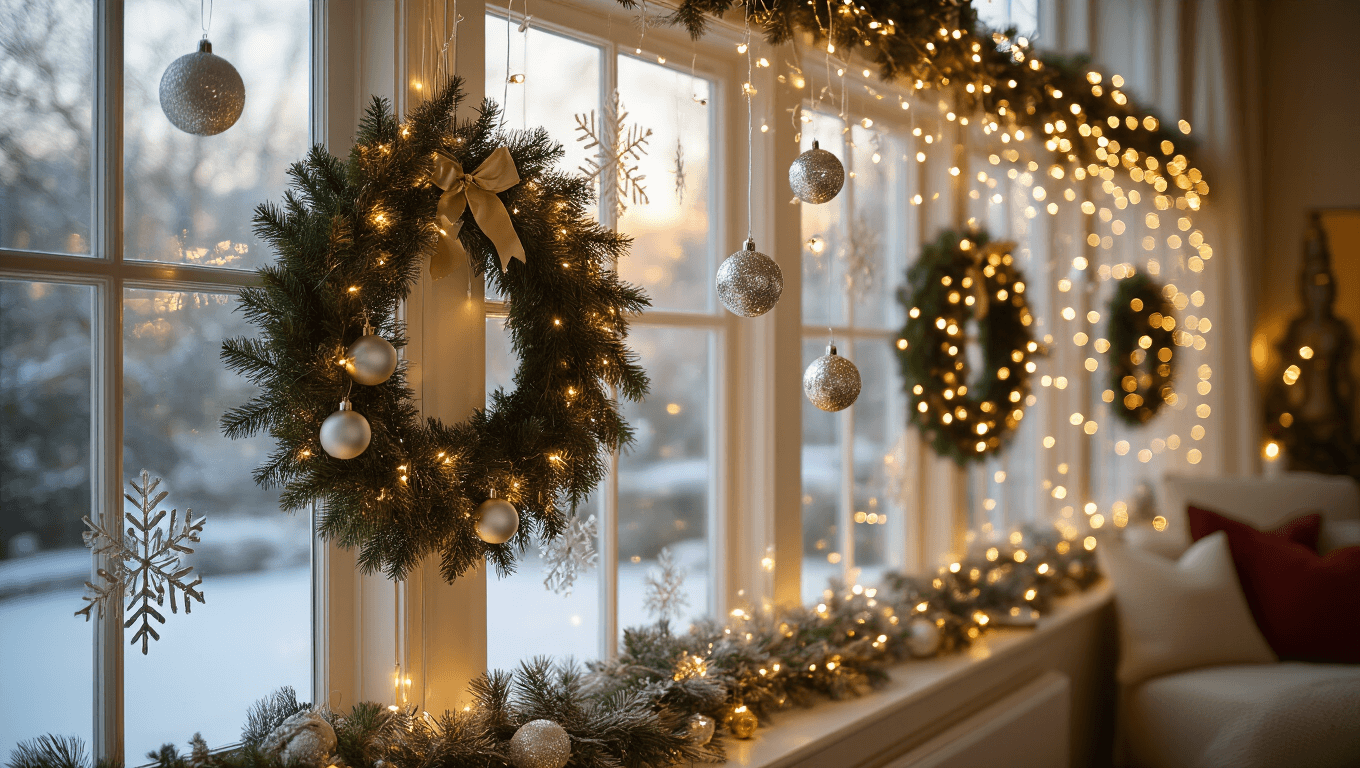 Cinematic wide shot of an elegant Christmas window display with evergreen wreaths, silver glass ornaments, and warm string lights, framed by delicate light curtains, creating a festive atmosphere with warm amber glow and intricate snowflake shadows.