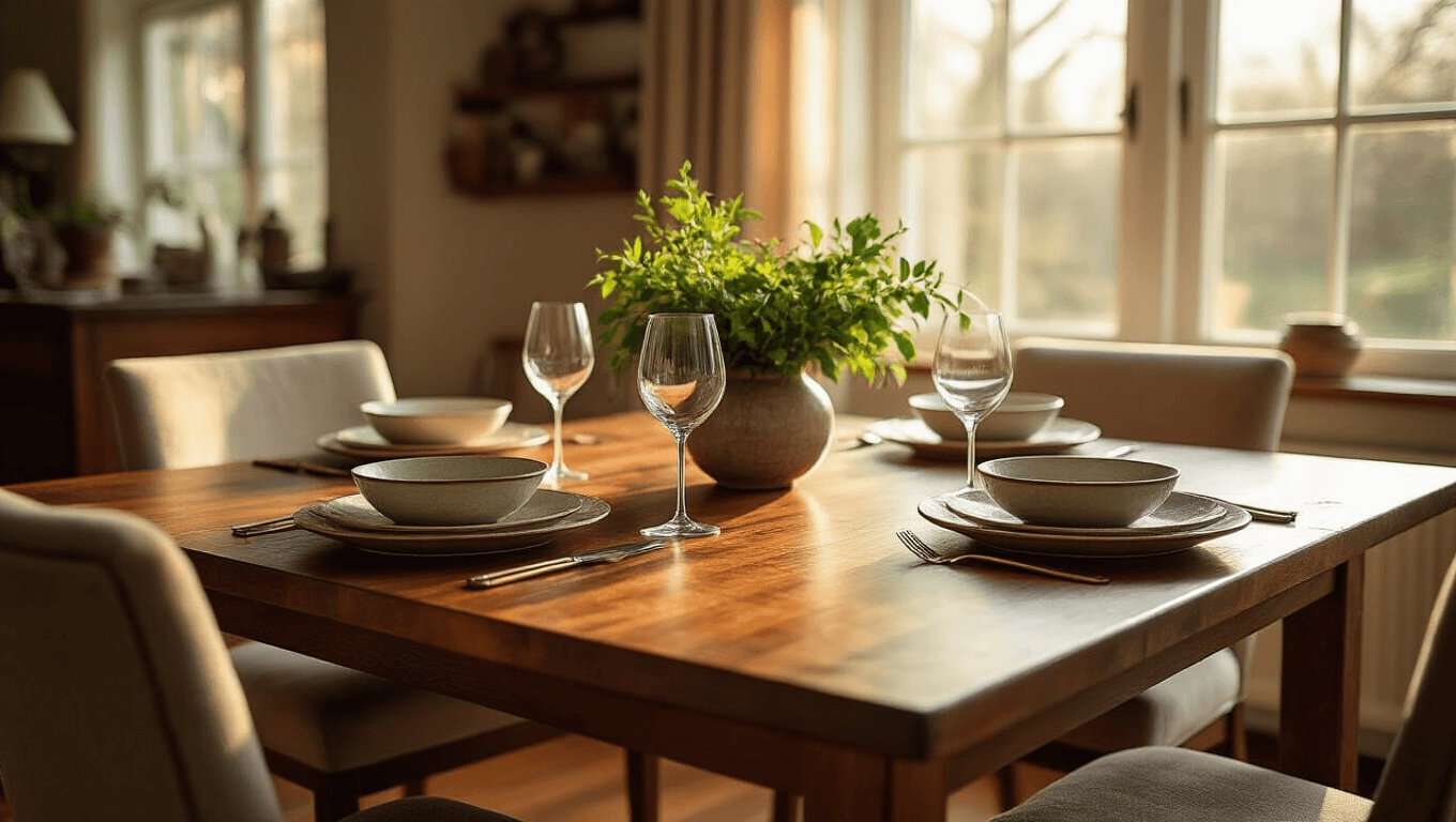 Warm, inviting dining room featuring a richly textured wooden table set with elegant ceramic dishes, fresh greenery centerpiece, and plush chairs, illuminated by soft natural light, creating a cozy atmosphere for social gatherings.