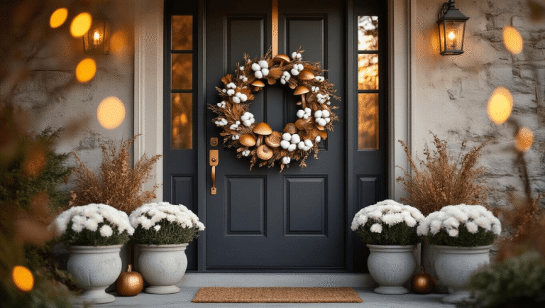 Elegant charcoal front door with a unique fall wreath featuring woodland mushrooms, cotton stems, and metallic accents, surrounded by white mums in weathered planters, illuminated by warm golden hour light and bokeh from string lights.