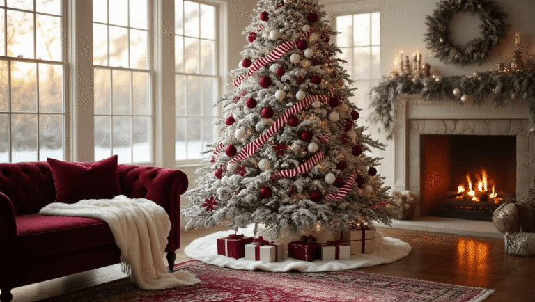 Red and White Christmas Tree Ideas That'll Make Your Neighbors Jealous (Trust Me, I've Been There) Elegant flocked Christmas tree adorned with burgundy velvet ornaments and pearl white baubles, set in a cozy living room with warm light, a deep burgundy sofa, rich hardwood floors, and a glowing stone fireplace, all creating a sophisticated holiday atmosphere.