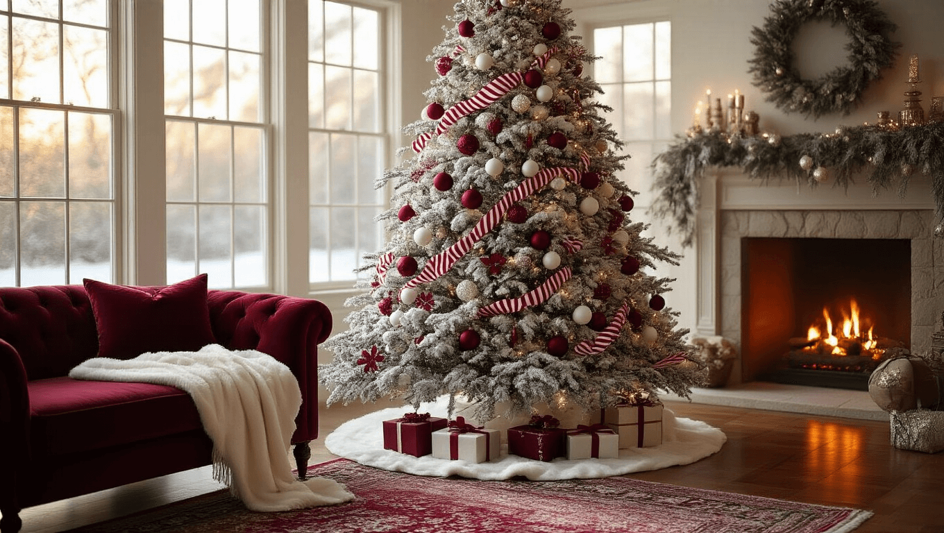 Elegant flocked Christmas tree adorned with burgundy velvet ornaments and pearl white baubles, set in a cozy living room with warm light, a deep burgundy sofa, rich hardwood floors, and a glowing stone fireplace, all creating a sophisticated holiday atmosphere.
