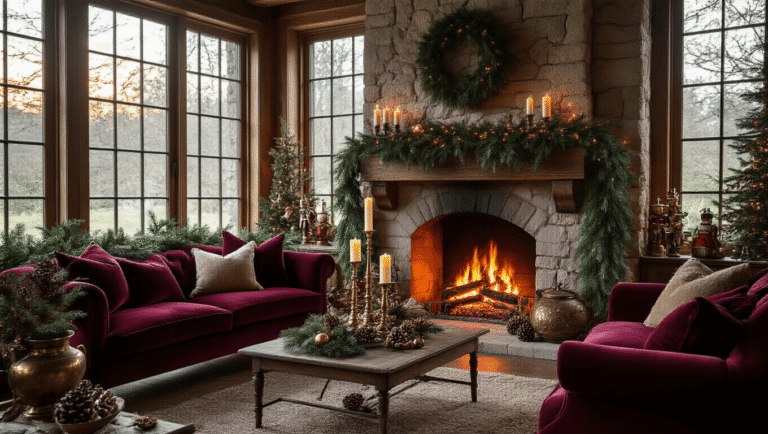 Cozy European Christmas living room featuring a stone fireplace, deep green garlands, rich burgundy velvet furniture, flickering candles, and warm golden hour lighting.