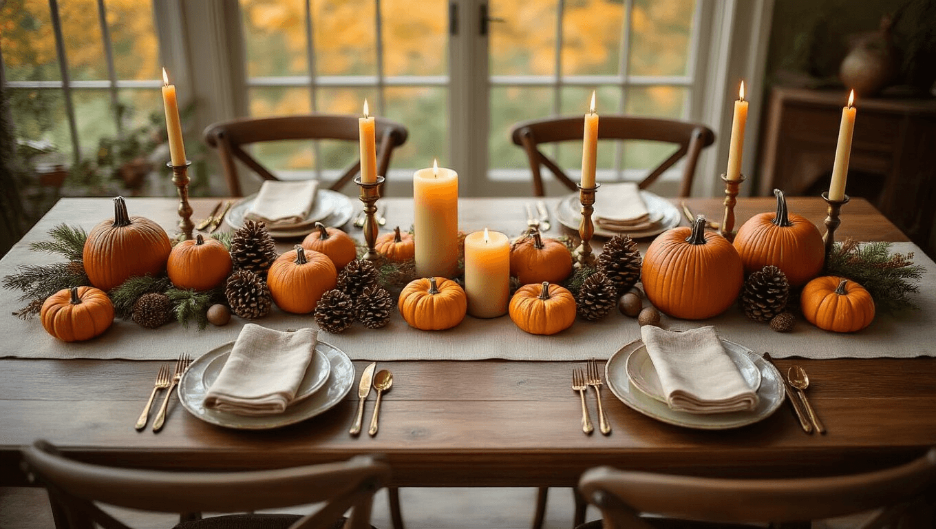 Cinematic overhead view of an elegantly styled fall dining table featuring a cream linen runner, mini orange pumpkins, pillar candles in brass holders, pinecones, and acorns, all captured in warm golden hour light.