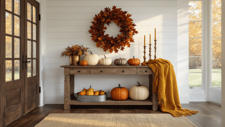 Cozy fall entryway with shiplap walls and dark hardwood floors, featuring an autumn wreath, decorative pumpkins, brass candlesticks, and warm amber lighting, creating an inviting atmosphere.