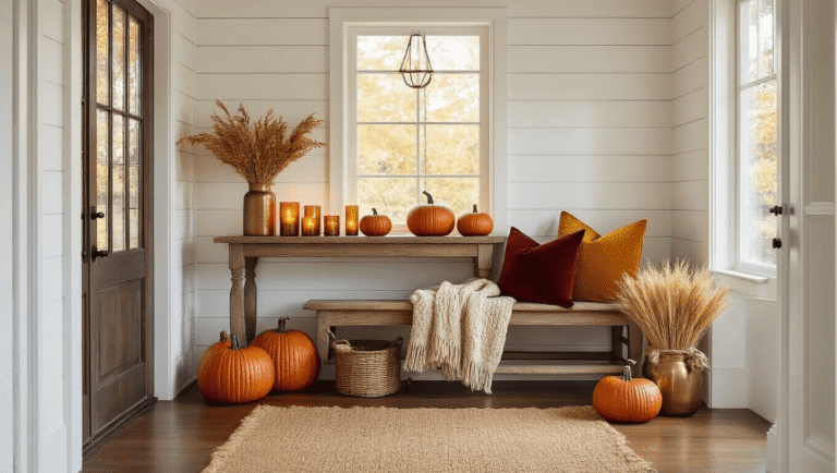 Cinematic wide-angle shot of a luxurious fall entryway featuring hardwood floors, shiplap walls, and golden hour sunlight, adorned with rustic decor including burnt orange pumpkins, amber candles, wheat bundles, and cozy textiles, creating a warm and inviting atmosphere.