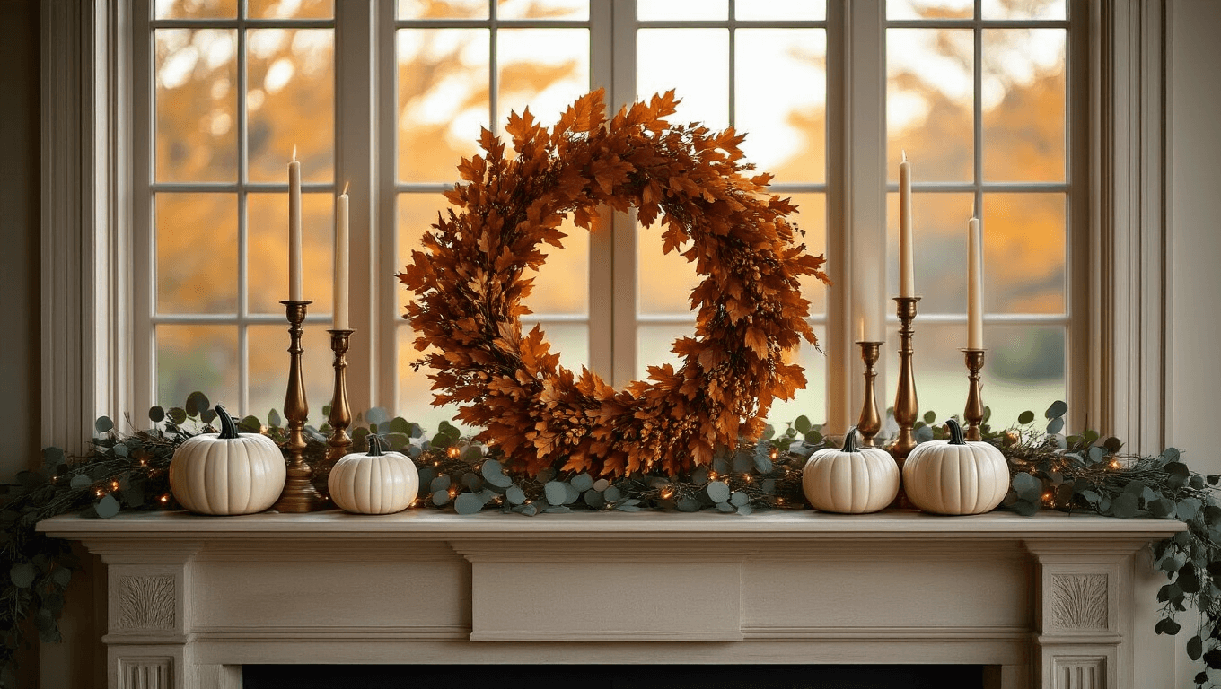 Cinematic wide shot of a stylish fireplace mantel adorned with an autumn wreath, brass candlesticks, and cream ceramic pumpkins, all highlighted by warm golden hour light and layered textures for a cozy, sophisticated ambiance.