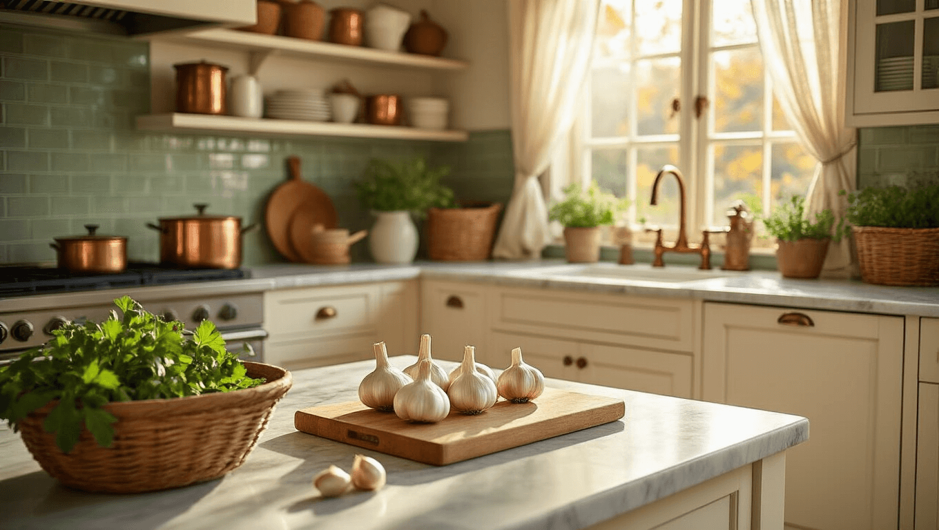 A sunlit farmhouse kitchen featuring cream shaker cabinets and marble countertops, adorned with fresh garlic bulbs on a rustic cutting board, copper pots on open shelving, and sage green subway tile backsplash, all enhanced by warm golden hour light and a cozy autumn atmosphere.