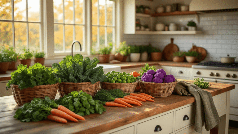 Spacious farmhouse kitchen filled with golden hour light, showcasing a rustic wooden island adorned with cool-season vegetables like vibrant kale, purple cauliflower, and orange carrots, surrounded by cream shaker cabinets and warm terracotta accents.