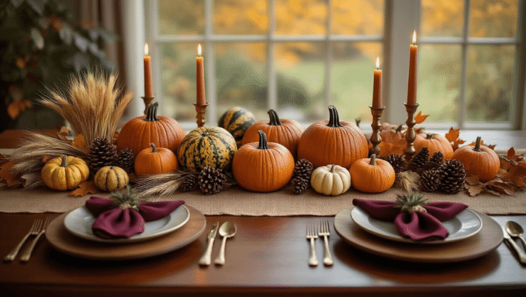 Cinematic overhead view of a fall harvest tablescape on a mahogany table, featuring a rust orange burlap runner, mini pumpkins, gourds, and candles, with deep burgundy napkins and wooden charger plates, bathed in golden hour light.