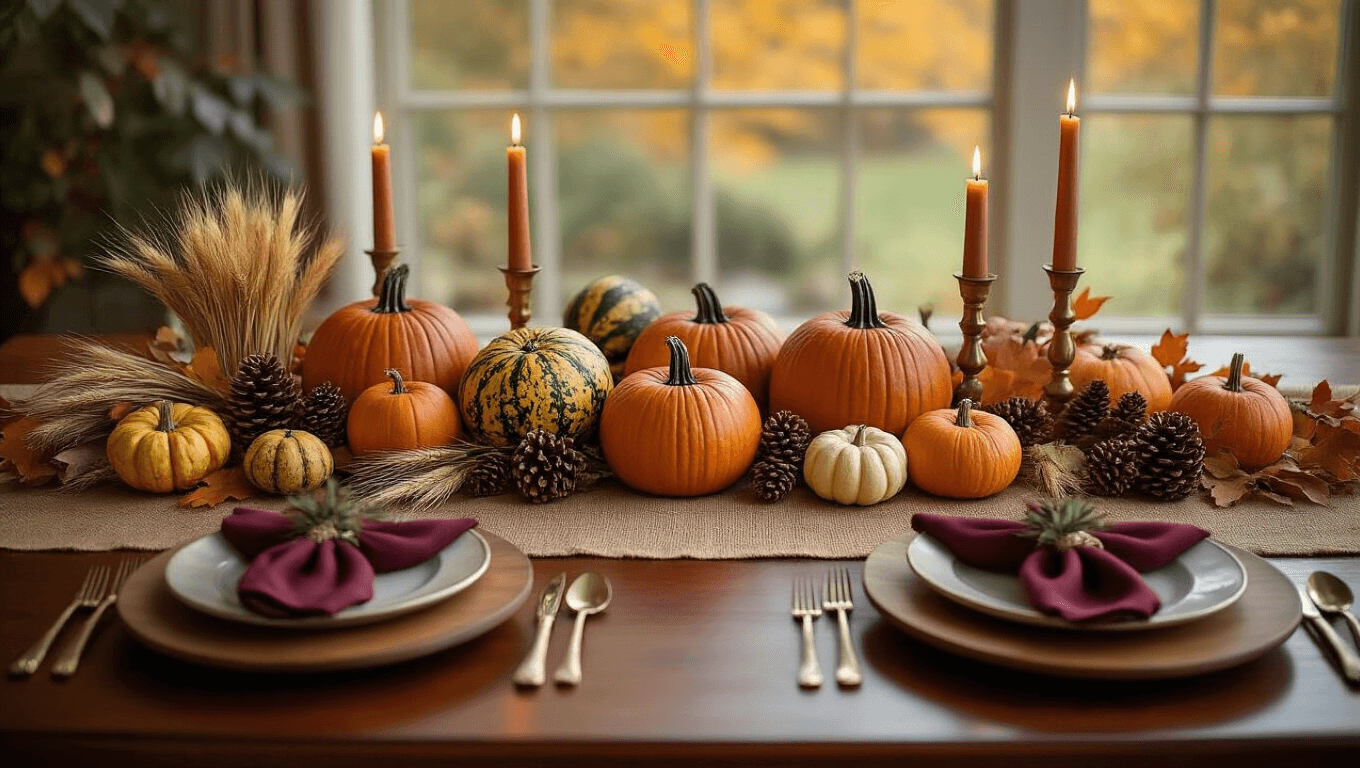 Cinematic overhead view of a fall harvest tablescape on a mahogany table, featuring a rust orange burlap runner, mini pumpkins, gourds, and candles, with deep burgundy napkins and wooden charger plates, bathed in golden hour light.