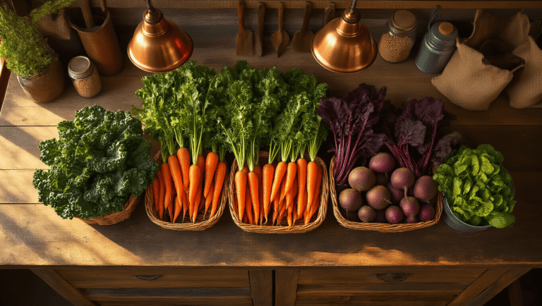 Cinematic overhead view of a rustic kitchen adorned with vibrant fall vegetables, including kale, carrots, and beets, illuminated by warm golden hour light, featuring rustic wooden countertops and charming vintage kitchen elements.
