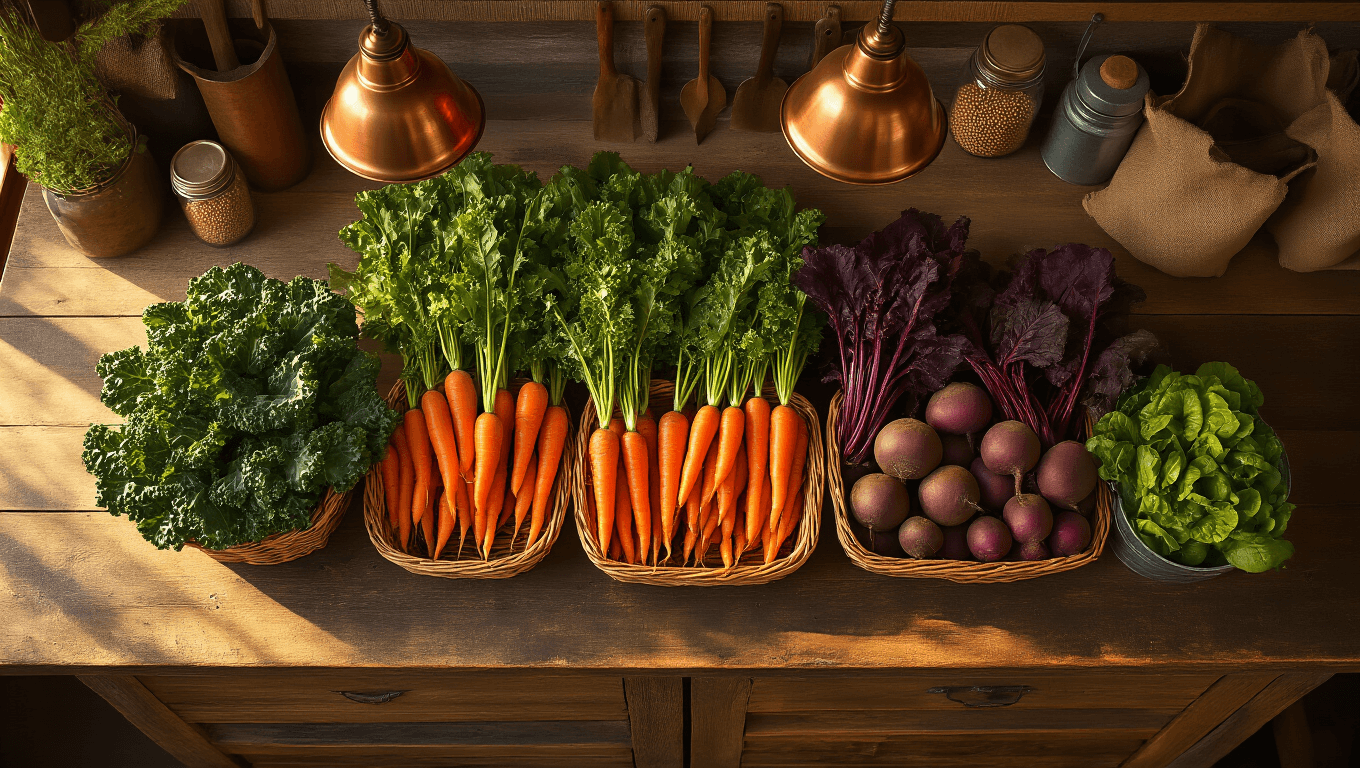 Cinematic overhead view of a rustic kitchen adorned with vibrant fall vegetables, including kale, carrots, and beets, illuminated by warm golden hour light, featuring rustic wooden countertops and charming vintage kitchen elements.