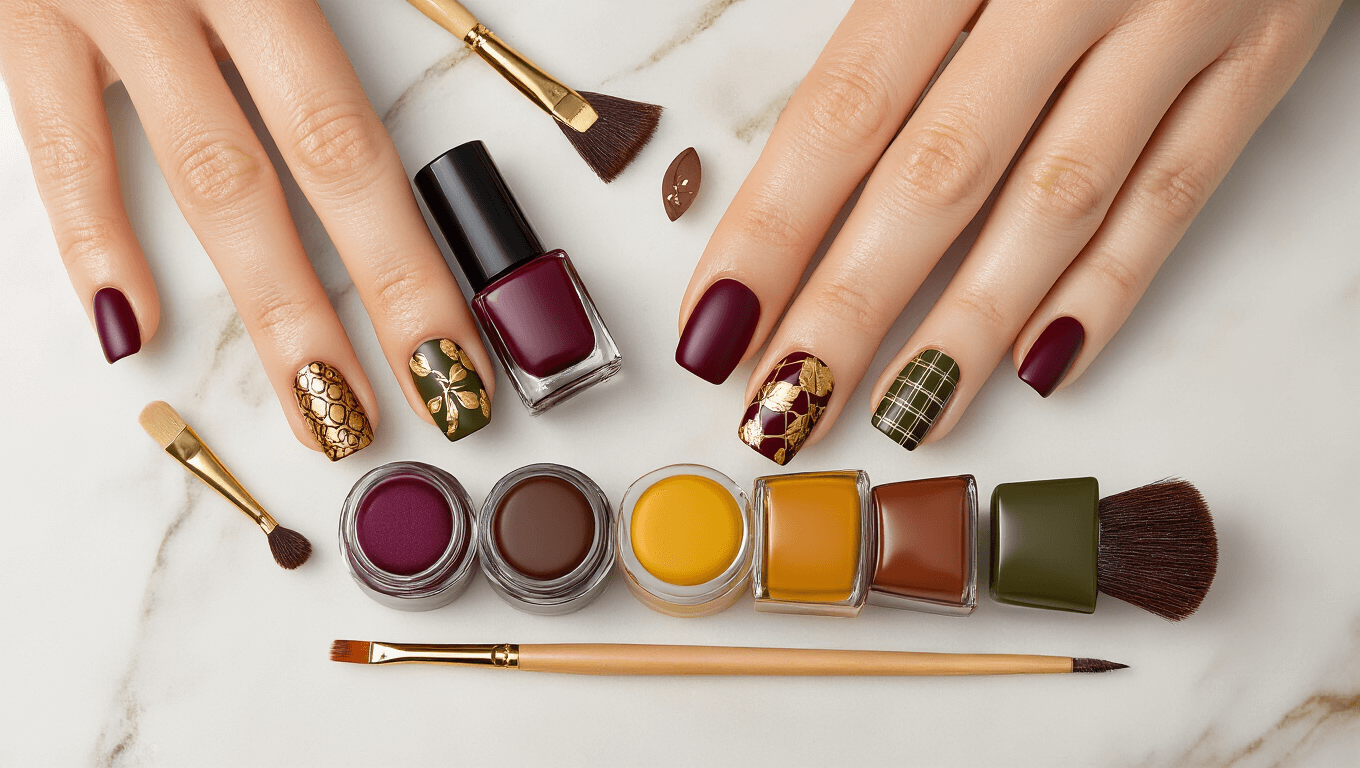 Cinematic flat lay of short manicured nails featuring fall designs in burgundy, plum, chocolate brown, olive green, mustard yellow, and rusty rose on a marble surface, with autumn leaf patterns and gold accents, framed by scattered autumn leaves and copper accents.