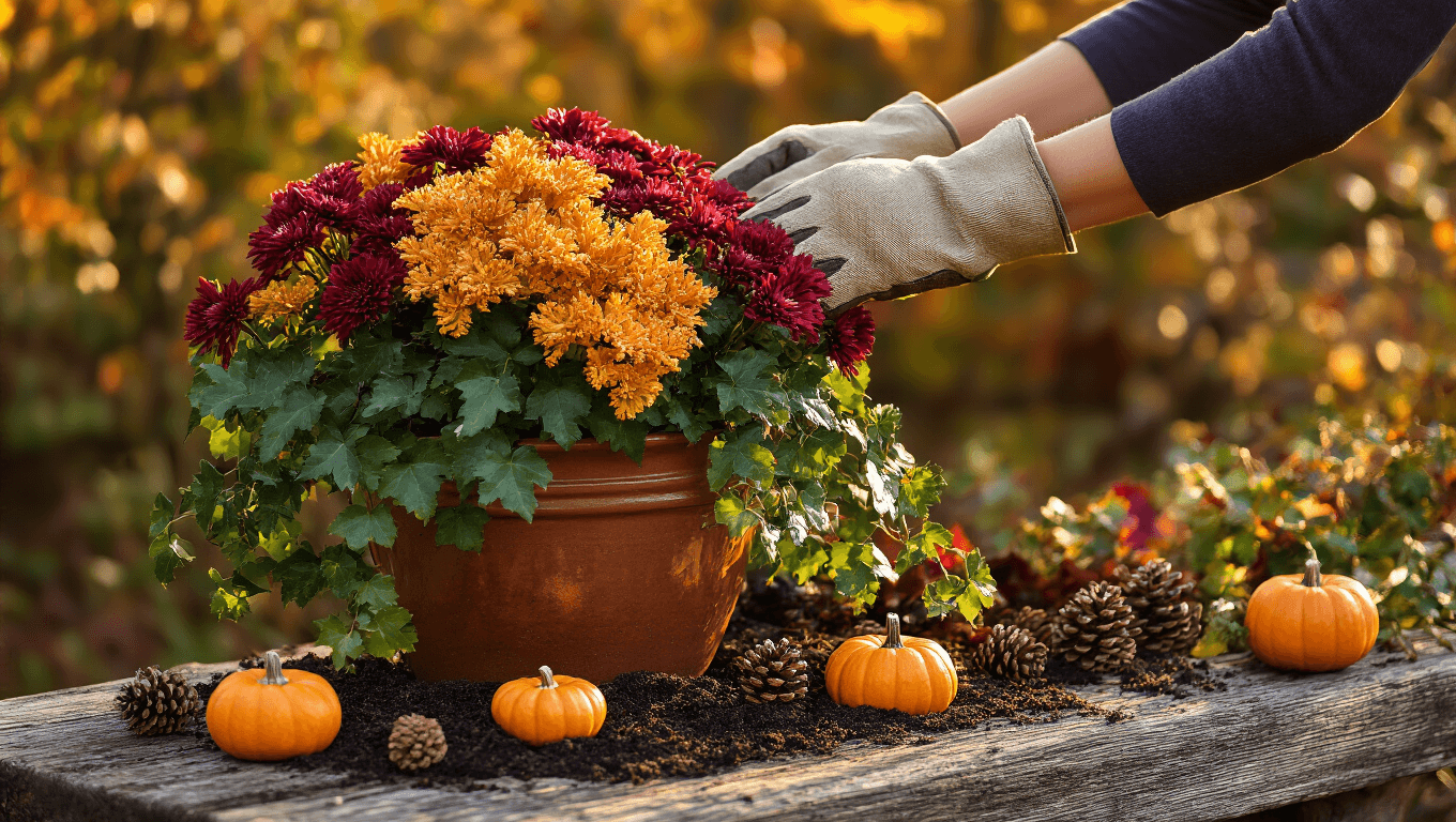 Cinematic close-up of hands in canvas gardening gloves arranging a vibrant fall planter with golden ornamental kale and burgundy chrysanthemums on a weathered wooden surface, surrounded by mini pumpkins and pinecones, under warm golden hour lighting with softly blurred autumn foliage in the background.