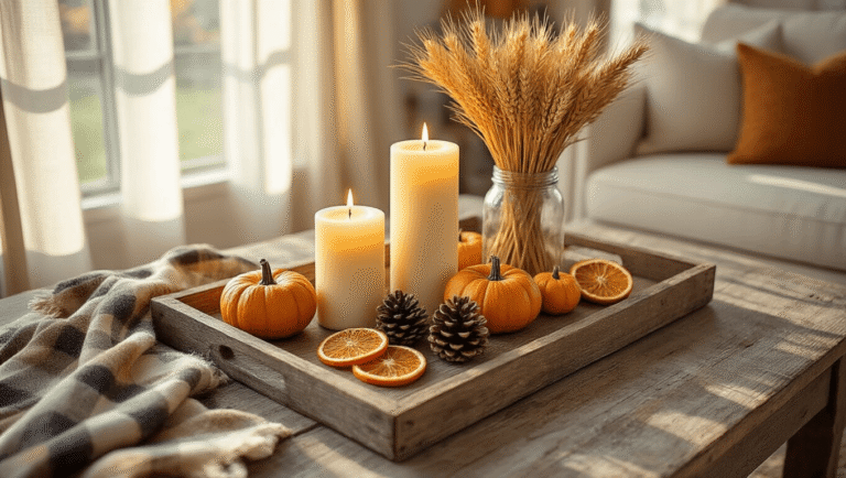 Fall Tray Decor: Your Ultimate Guide to Creating Cozy Autumn Vignettes Cinematic overhead view of a rustic farmhouse wooden tray with ivory candles, mini pumpkins, pinecones, dried oranges, and a jar of wheat, illuminated by warm golden hour light on a distressed table.