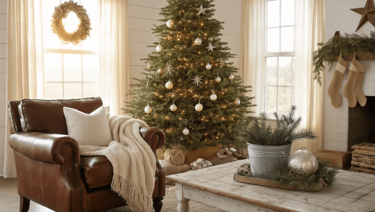Cozy farmhouse Christmas living room with warm sunlight, featuring a Fraser fir tree with vintage ornaments, a leather armchair with a knit throw, rustic decor, and a serene, inviting atmosphere.