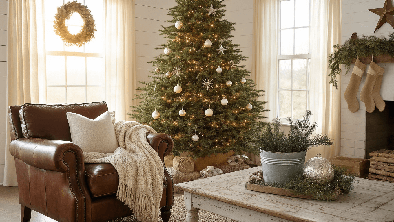 Cozy farmhouse Christmas living room with warm sunlight, featuring a Fraser fir tree with vintage ornaments, a leather armchair with a knit throw, rustic decor, and a serene, inviting atmosphere.