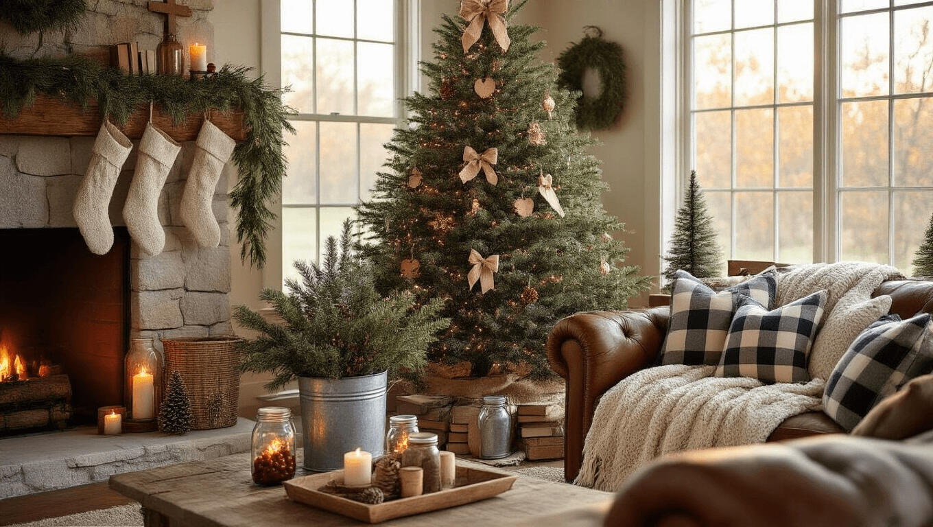 Cozy farmhouse living room decorated for Christmas, featuring an evergreen tree in a metal bucket, rustic textures, and warm sunlight streaming through windows.