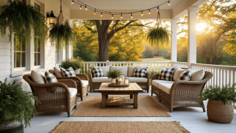 Ultimate Guide to Porch Furniture Styles: Transform Your Outdoor Living Space Cinematic wide-angle image of a cozy wraparound porch at golden hour, showcasing weathered teak Adirondack chairs, a natural wicker sectional, rustic wooden coffee table, and hanging ferns, all bathed in warm amber sunlight.