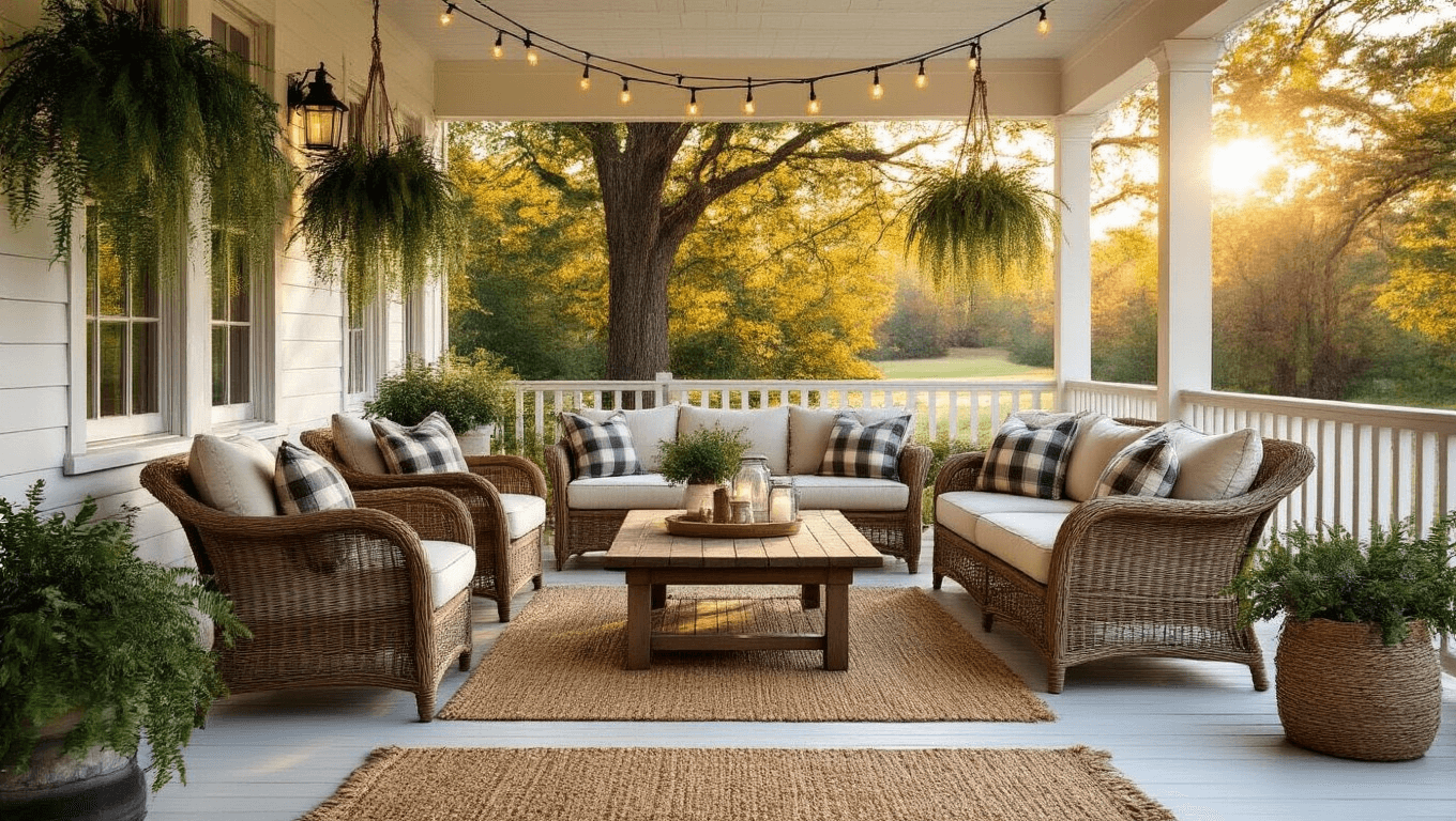 Cinematic wide-angle image of a cozy wraparound porch at golden hour, showcasing weathered teak Adirondack chairs, a natural wicker sectional, rustic wooden coffee table, and hanging ferns, all bathed in warm amber sunlight.