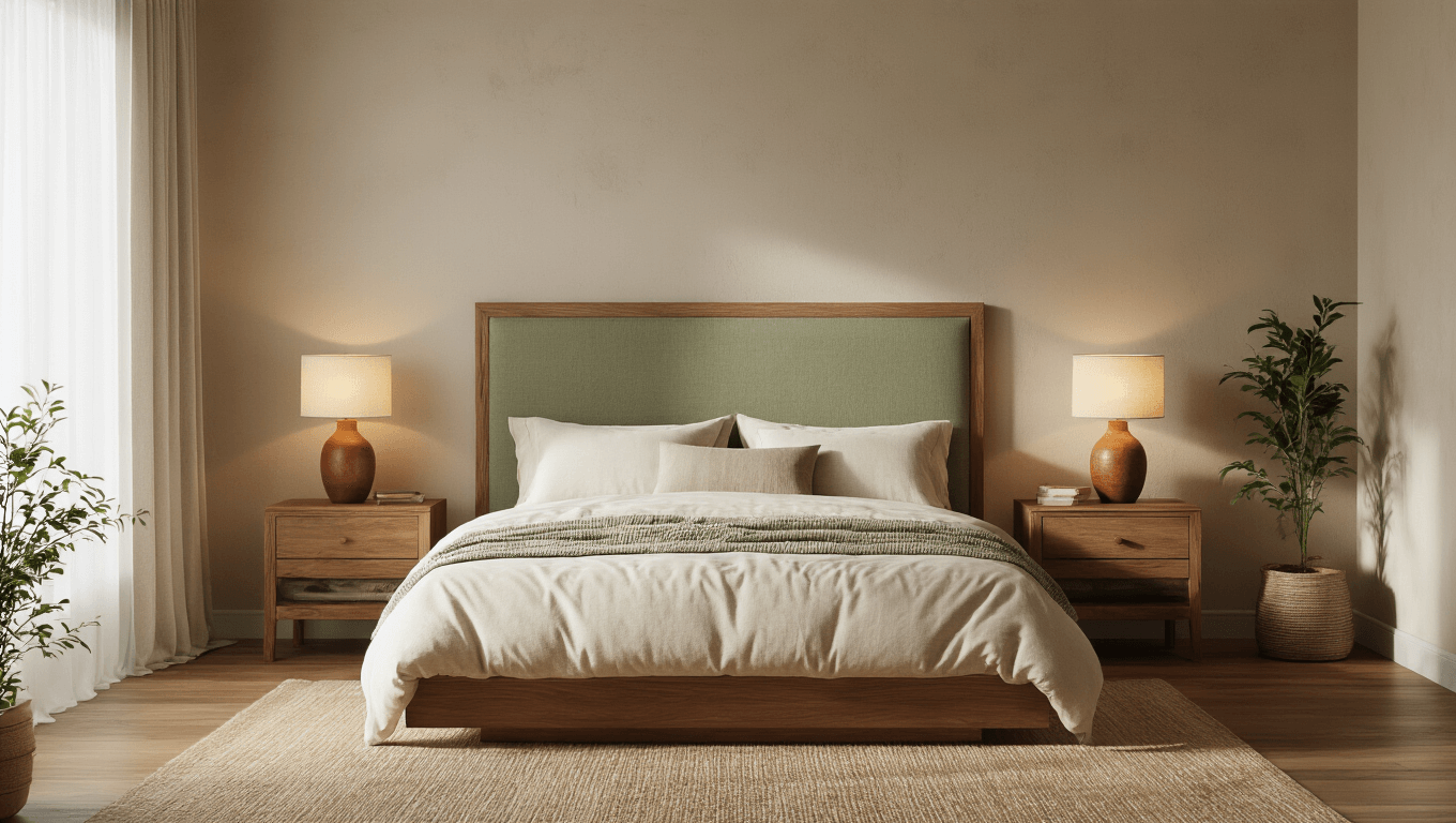 Serene feng shui bedroom with diagonally positioned bed, solid wooden headboard, matching nightstands, warm lighting, and natural textures, bathed in golden hour light.