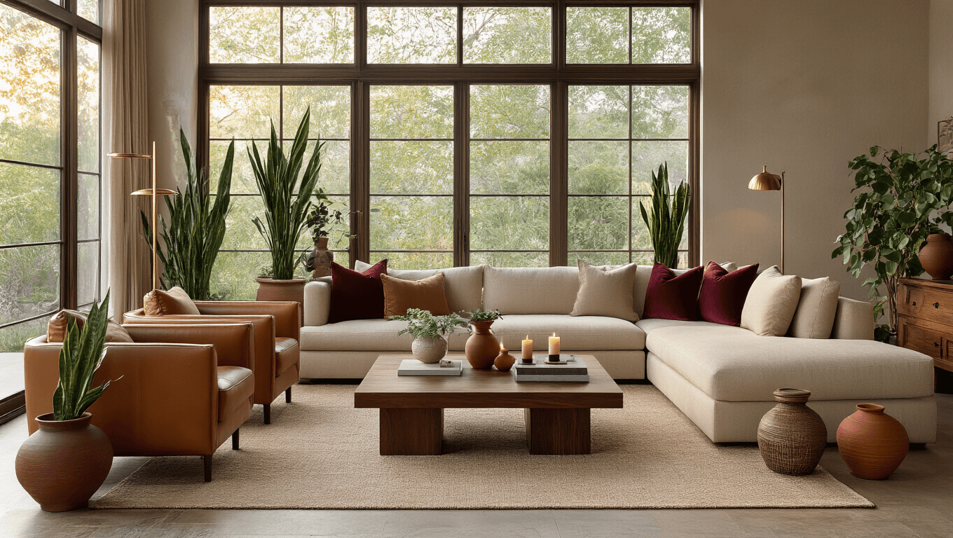 Cinematic wide-angle shot of a tranquil feng shui living room featuring a beige sectional, walnut coffee table, leather armchairs, snake plants, and eucalyptus. The space showcases the five elements: wood, fire, earth, metal, and water, highlighted by warm lighting and rich textures.