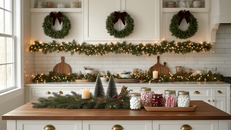 Cinematic view of a festive kitchen decorated with mini evergreen wreaths, garland with fairy lights, a cozy hot chocolate station, and a warm golden hour ambiance.