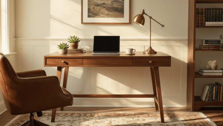 Cinematic interior of a cozy home office featuring a walnut Folk Ladder Desk bathed in golden hour light, leather chair, brass lamp, organized books, steaming coffee cup, and succulent plant, all set against cream wainscoted walls and a Persian rug.