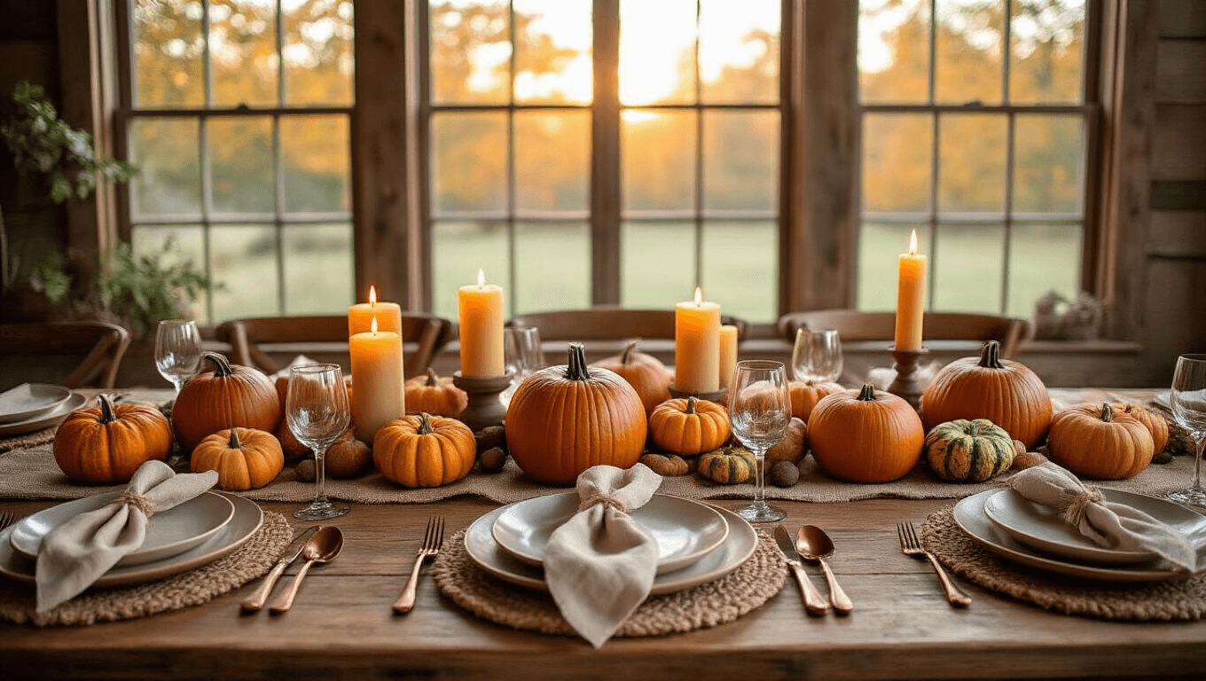 Cinematic overhead shot of a rustic farmhouse dining table adorned for Friendsgiving, featuring mini pumpkins, varied gourds, flickering candles, and warm autumn decor, with soft golden hour sunlight highlighting the inviting atmosphere.