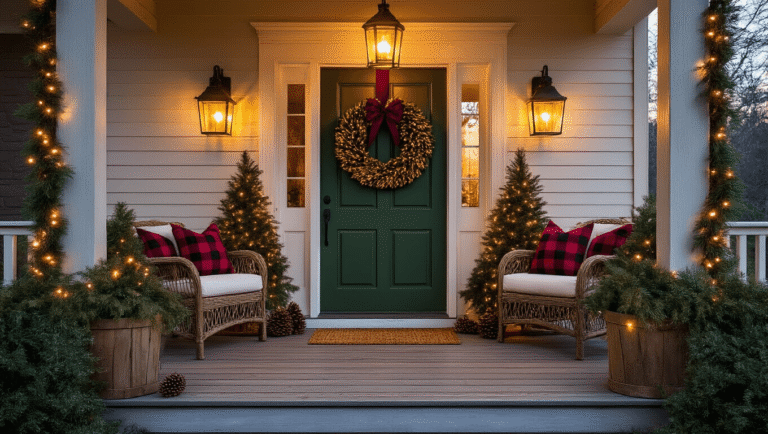 A cozy front porch decorated for Christmas, featuring a forest green door adorned with a large burgundy ribbon wreath, honey oak columns, evergreen planters, warm lantern light, string lights, and buffalo check accents, all set against a twilight sky.
