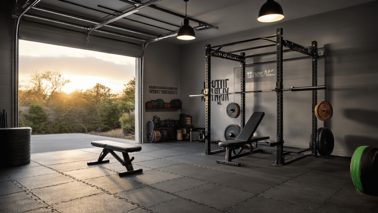 Transform Your Garage into a Personal Fitness Haven: Ultimate Home Gym Guide Cinematic wide-angle shot of a modern garage gym with polished concrete and rubber flooring, featuring a steel squat rack with Olympic barbell, adjustable bench, wall-mounted kettlebell storage, and colorful bumper plates, illuminated by golden hour light and industrial pendant lights, showcasing a charcoal gray and black color palette with motivational decals.