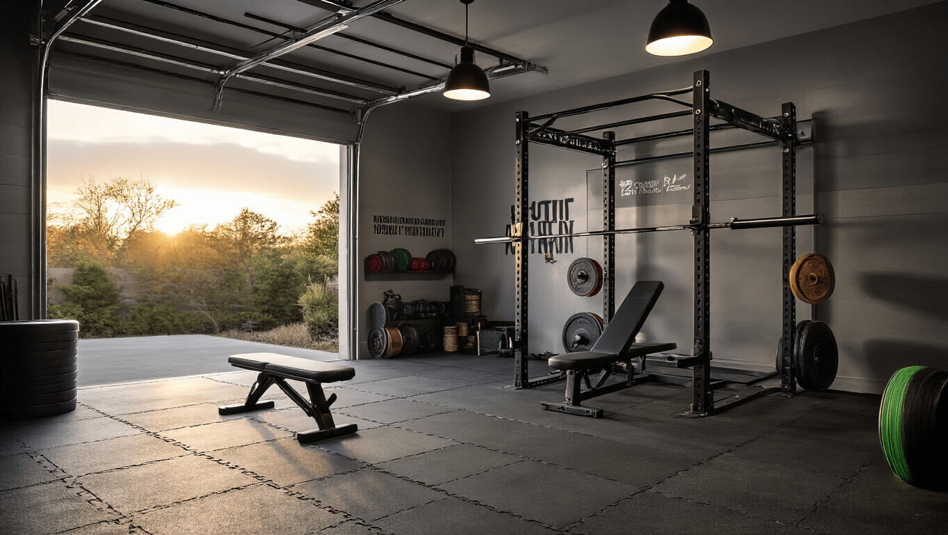 Cinematic wide-angle shot of a modern garage gym with polished concrete and rubber flooring, featuring a steel squat rack with Olympic barbell, adjustable bench, wall-mounted kettlebell storage, and colorful bumper plates, illuminated by golden hour light and industrial pendant lights, showcasing a charcoal gray and black color palette with motivational decals.