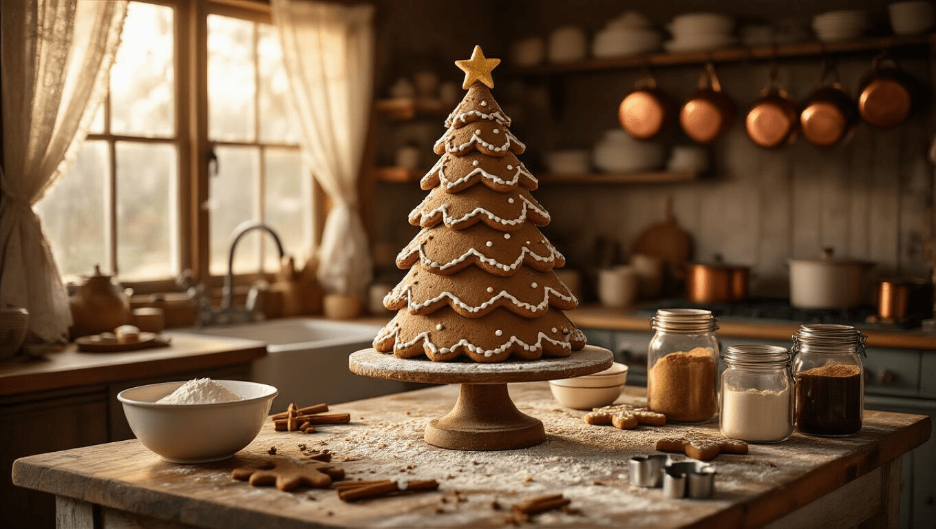A rustic farmhouse kitchen at golden hour featuring a 3D edible gingerbread Christmas tree on a weathered wooden pedestal, surrounded by baking tools and warm sunlight filtering through lace curtains, creating a cozy holiday atmosphere.