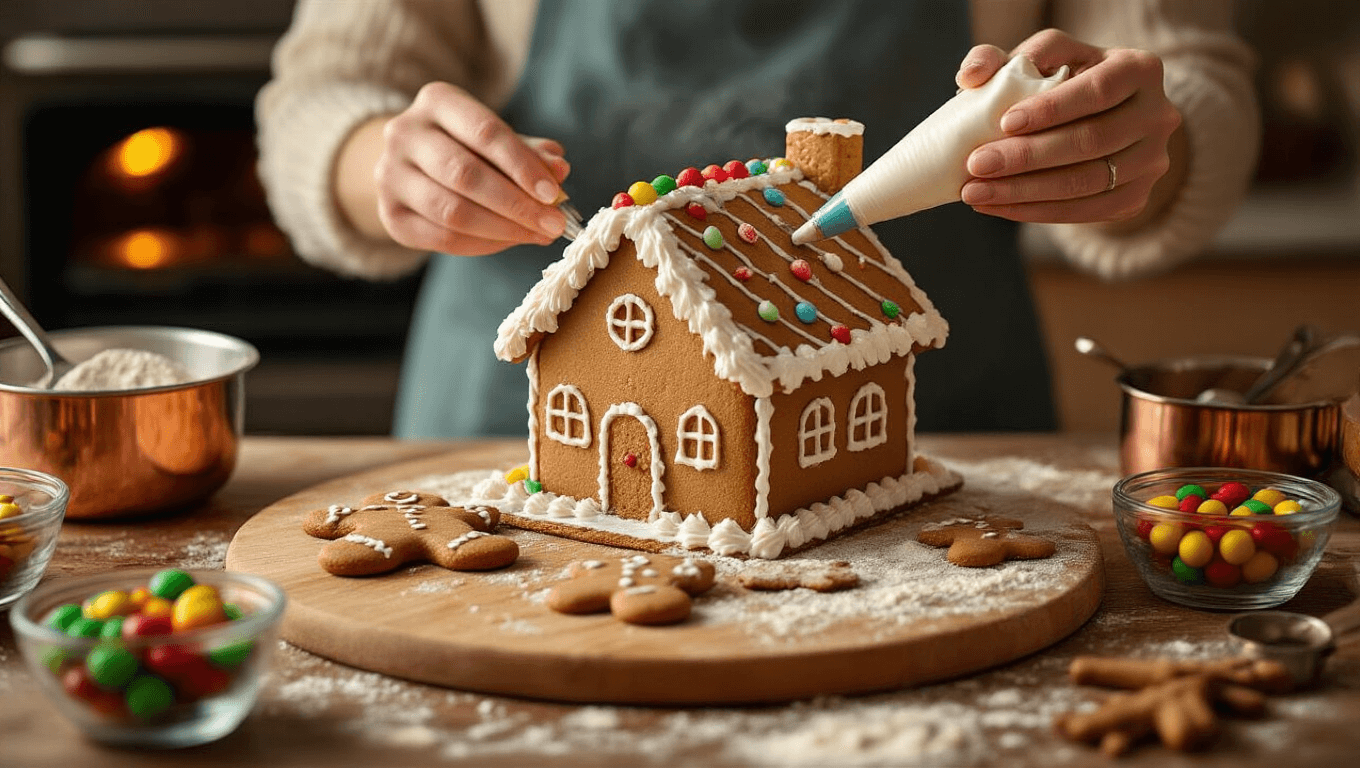 Close-up of a gingerbread house assembly on a wooden cutting board, featuring royal icing piping, colorful candies, soup cans supporting the structure, and a warm, cozy kitchen atmosphere with soft shadows and holiday accents.