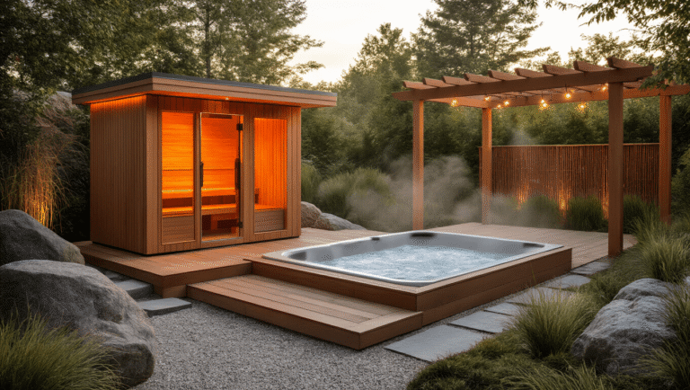 Creating the Ultimate Outdoor Sauna and Hot Tub Retreat: Your Backyard Wellness Oasis Cinematic golden hour view of a luxurious outdoor wellness retreat featuring a modern cedar sauna, bubbling hot tub on thermo-treated wood decking, steam rising, surrounded by natural stone boulders, ornamental grasses, and bamboo privacy screens, all under a wooden pergola with string lights.