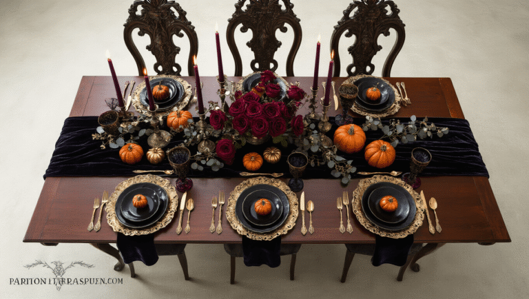 Crafting the Ultimate Halloween Party Table: A Spooky Styling Guide Elegant Gothic Halloween dining table set with dark velvet and metallic accents, featuring flickering candles, deep purple roses, ornate tableware, and atmospheric lighting.