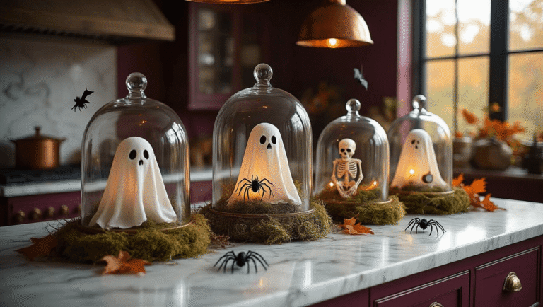 Spooky & Stylish: Ultimate Halloween Cloche Decor Guide Cinematic wide shot of an elegant marble kitchen island adorned with glass cloche domes featuring ethereal cheesecloth ghosts, realistic black spiders, and suspended paper bats, all illuminated by warm golden hour light, creating a cozy gothic atmosphere for Halloween.