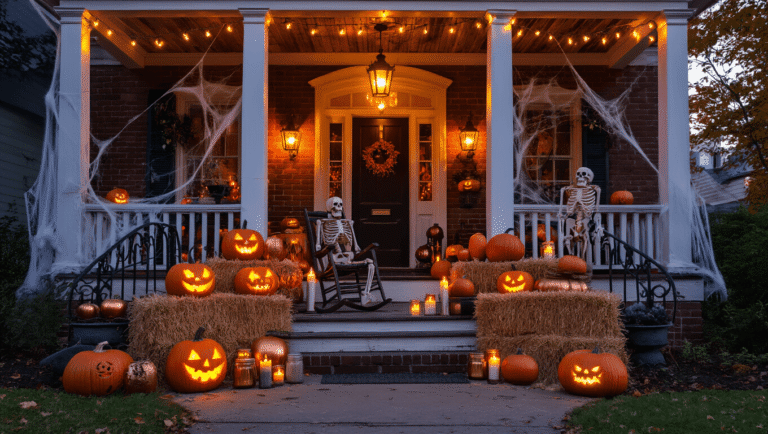 Halloween Front Porch Decor: Transform Your Entrance into a Spooky Spectacular Cinematic wide-angle shot of a Halloween front porch adorned with carved jack-o'-lanterns, rustic decor, and warm lighting, creating a spooky yet inviting atmosphere at golden hour.