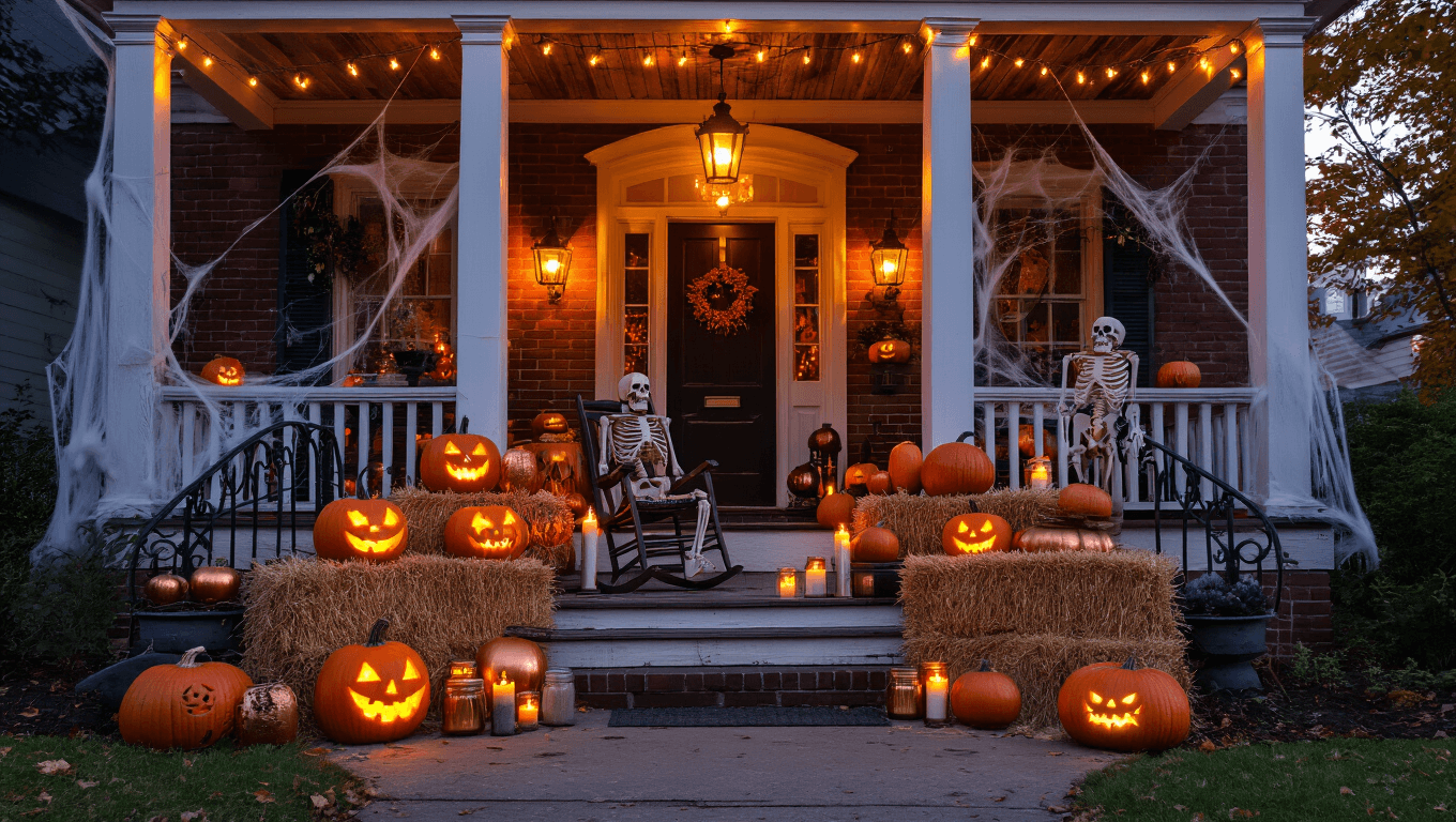 Cinematic wide-angle shot of a Halloween front porch adorned with carved jack-o'-lanterns, rustic decor, and warm lighting, creating a spooky yet inviting atmosphere at golden hour.