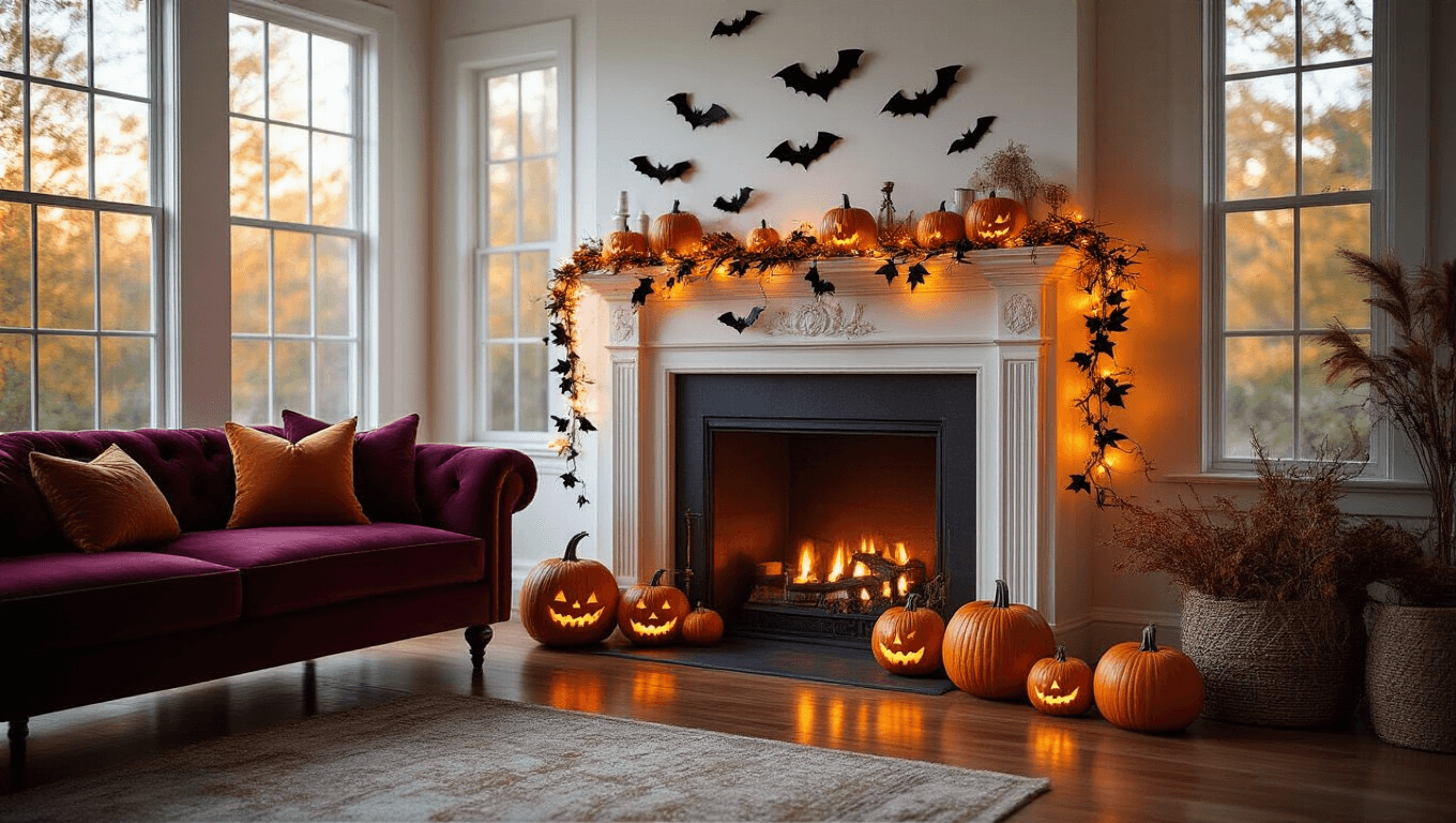 Elegant living room featuring a white fireplace mantel decorated with a glowing Halloween garland, miniature pumpkins, and black bats, complemented by a rich burgundy sofa and warm golden hour light.