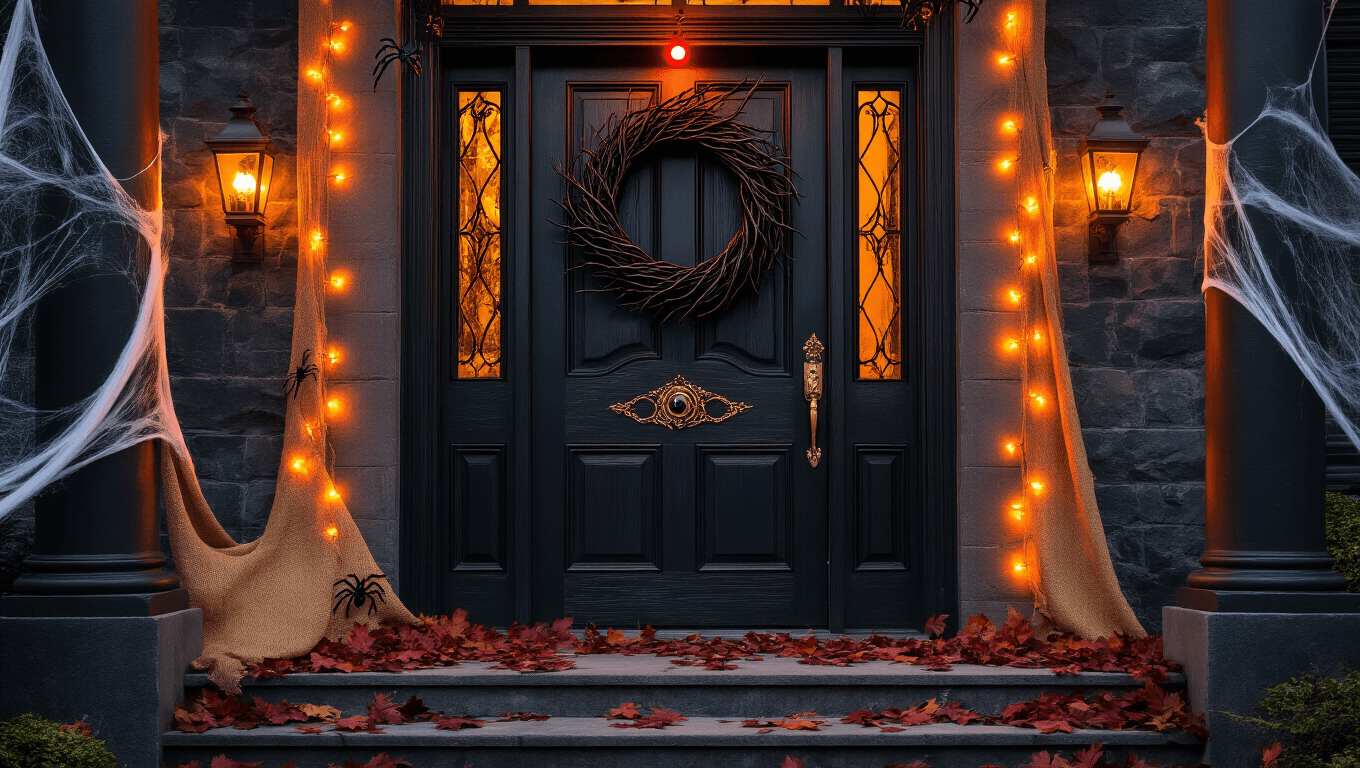 Cinematic wide-angle shot of a dramatic Halloween door entrance featuring a weathered black wooden door with ornate bronze hardware, gothic bat wreath, orange string lights, burgundy autumn leaves, faux cobwebs with spiders, glowing red eyeball doorbell, and atmospheric fog, all creating a spooky-elegant aesthetic at golden hour.