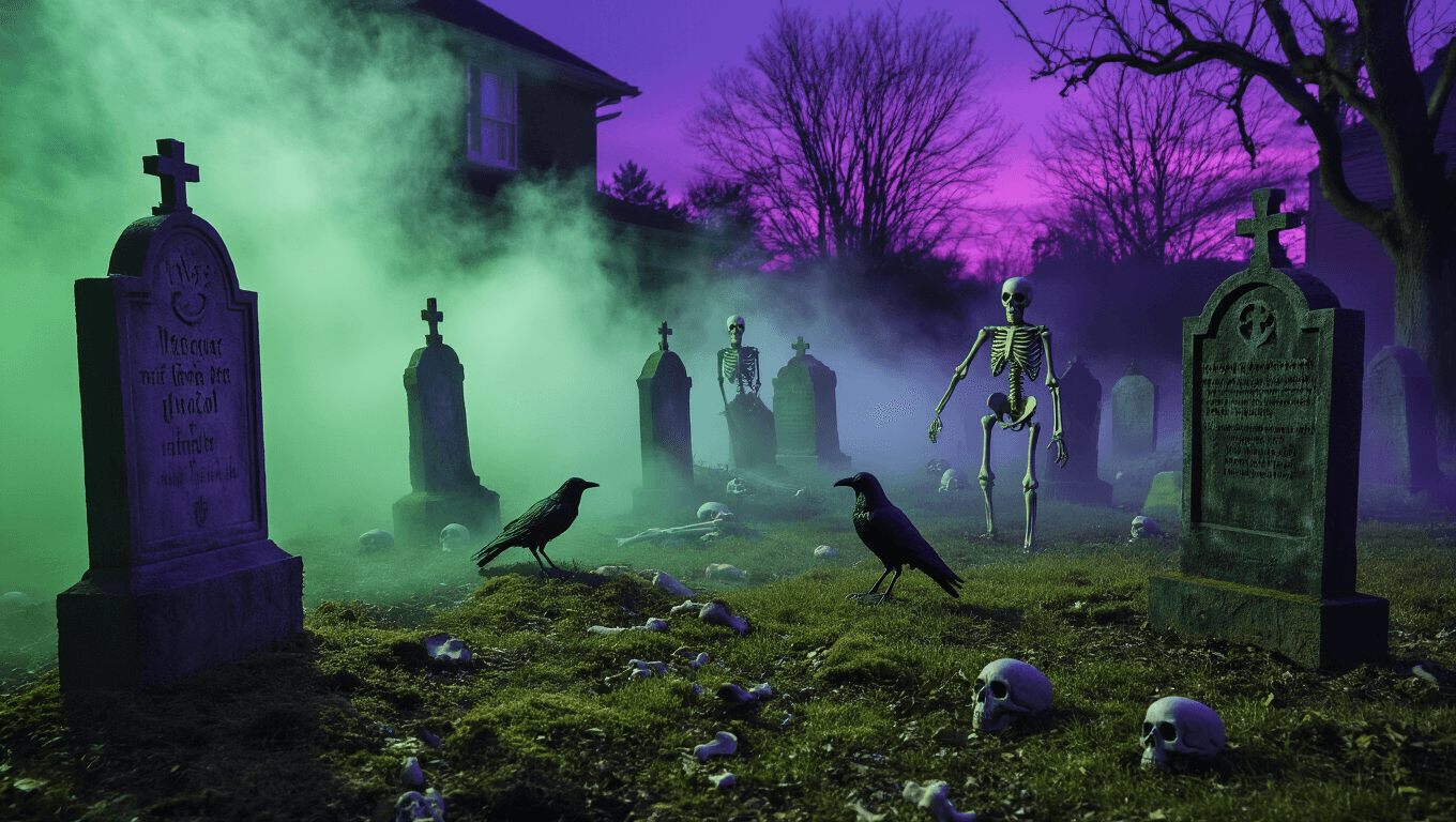 Cinematic twilight graveyard display with foam tombstones, life-sized skeletons, eerie LED uplighting, and swirling fog, creating a spine-tingling Halloween atmosphere.