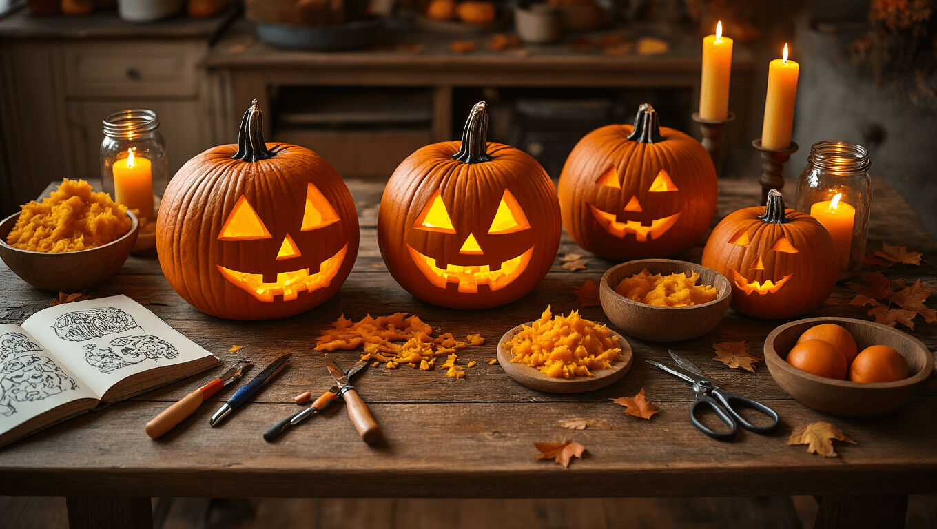 Cinematic overhead view of a rustic farmhouse kitchen table showcasing carved orange pumpkins with triangle eyes, surrounded by pumpkin carving tools, fresh innards, tea lights, and autumn decorations, all illuminated by warm candlelight.
