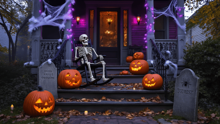 Crafting the Ultimate Creepy Halloween Porch: A Spine-Chilling Decoration Guide A cinematic twilight scene of a Victorian porch decorated for Halloween, featuring a life-sized skeleton in a rocking chair, carved jack-o'-lanterns on wooden steps, foam tombstones, and cotton spider webs. Purple LED lights and flickering candles create eerie shadows, while rich colors and atmospheric fog enhance the spooky ambiance.