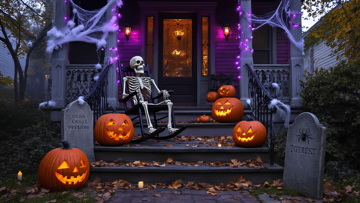 A cinematic twilight scene of a Victorian porch decorated for Halloween, featuring a life-sized skeleton in a rocking chair, carved jack-o'-lanterns on wooden steps, foam tombstones, and cotton spider webs. Purple LED lights and flickering candles create eerie shadows, while rich colors and atmospheric fog enhance the spooky ambiance.
