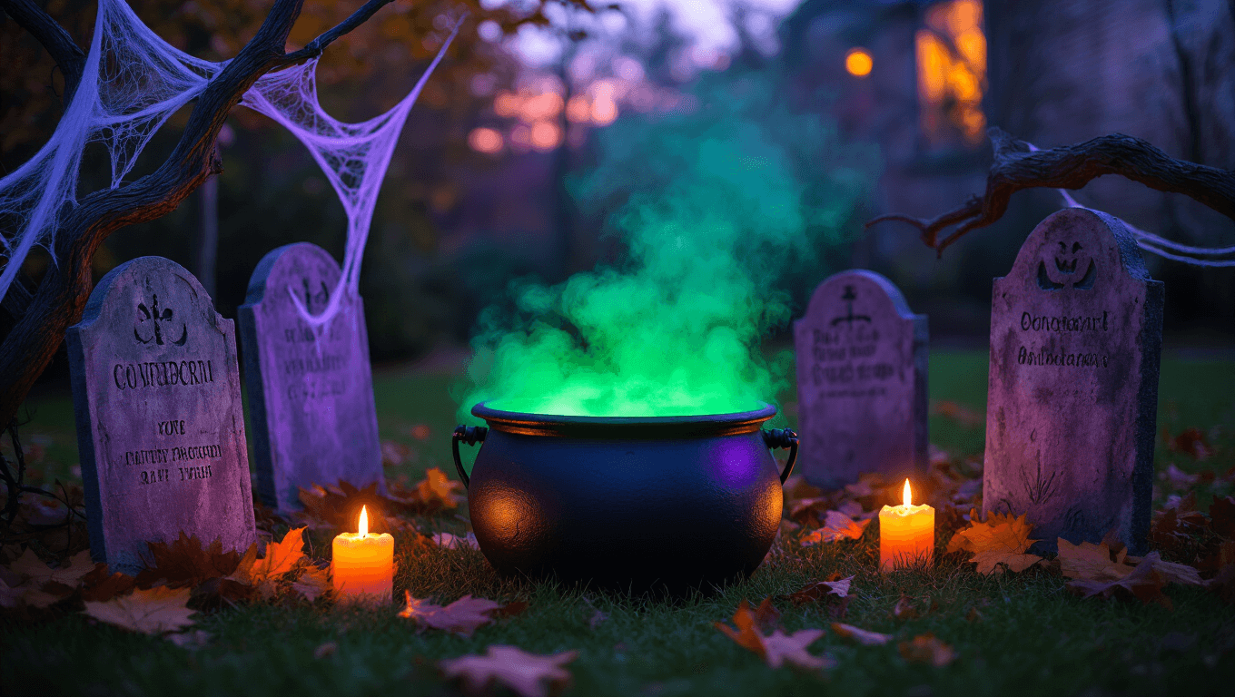 Cinematic wide-angle shot of a haunting DIY Halloween yard display featuring a bubbling plastic cauldron emitting green fog, surrounded by weathered cardboard tombstones, fake spider webs, and flickering candles, all illuminated by moody amber and violet lights at twilight.